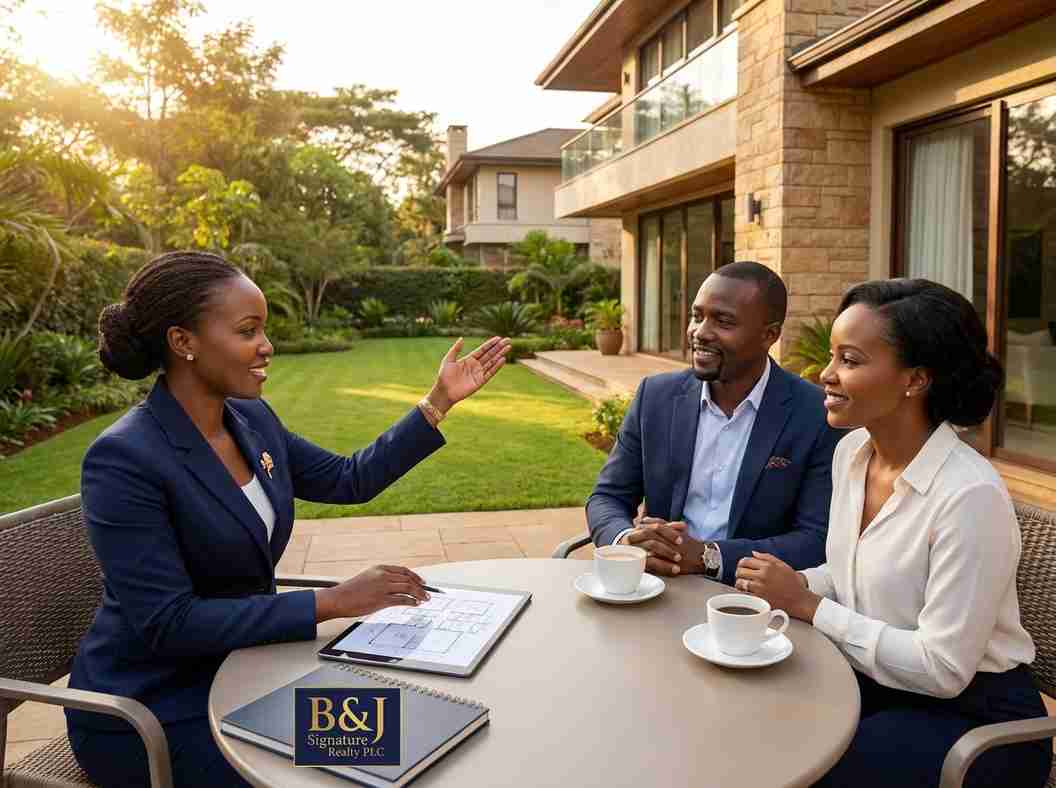 B&J Signature Realty agent presenting a floorplan during a client meeting
